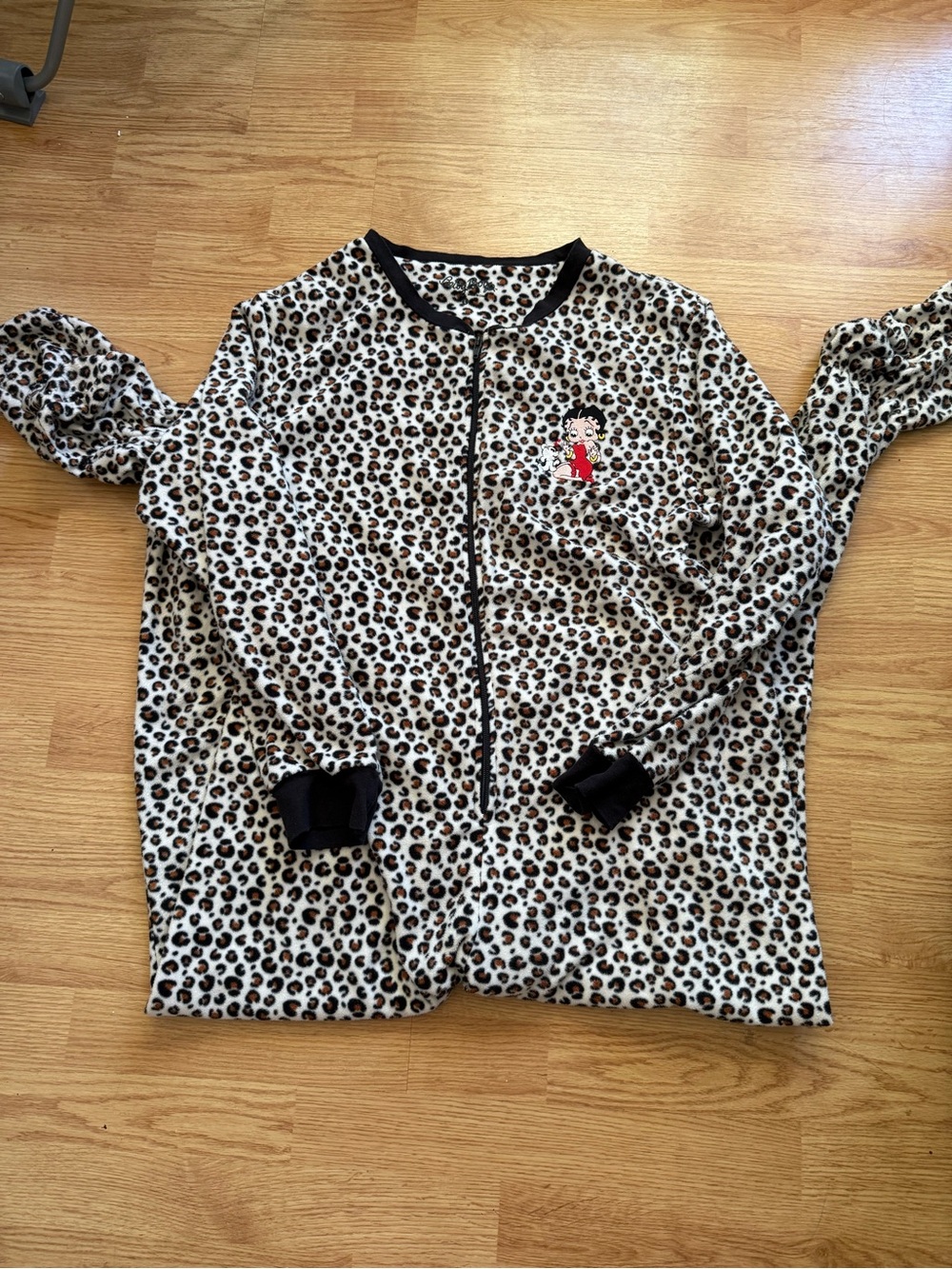 Betty Boop Leopard Print Zip-Up Pajama Onesie- Black & Cream